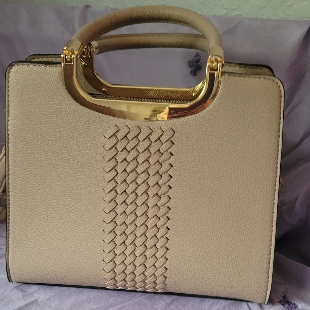 Beige Woven Accent Satchel with Gold Trim
